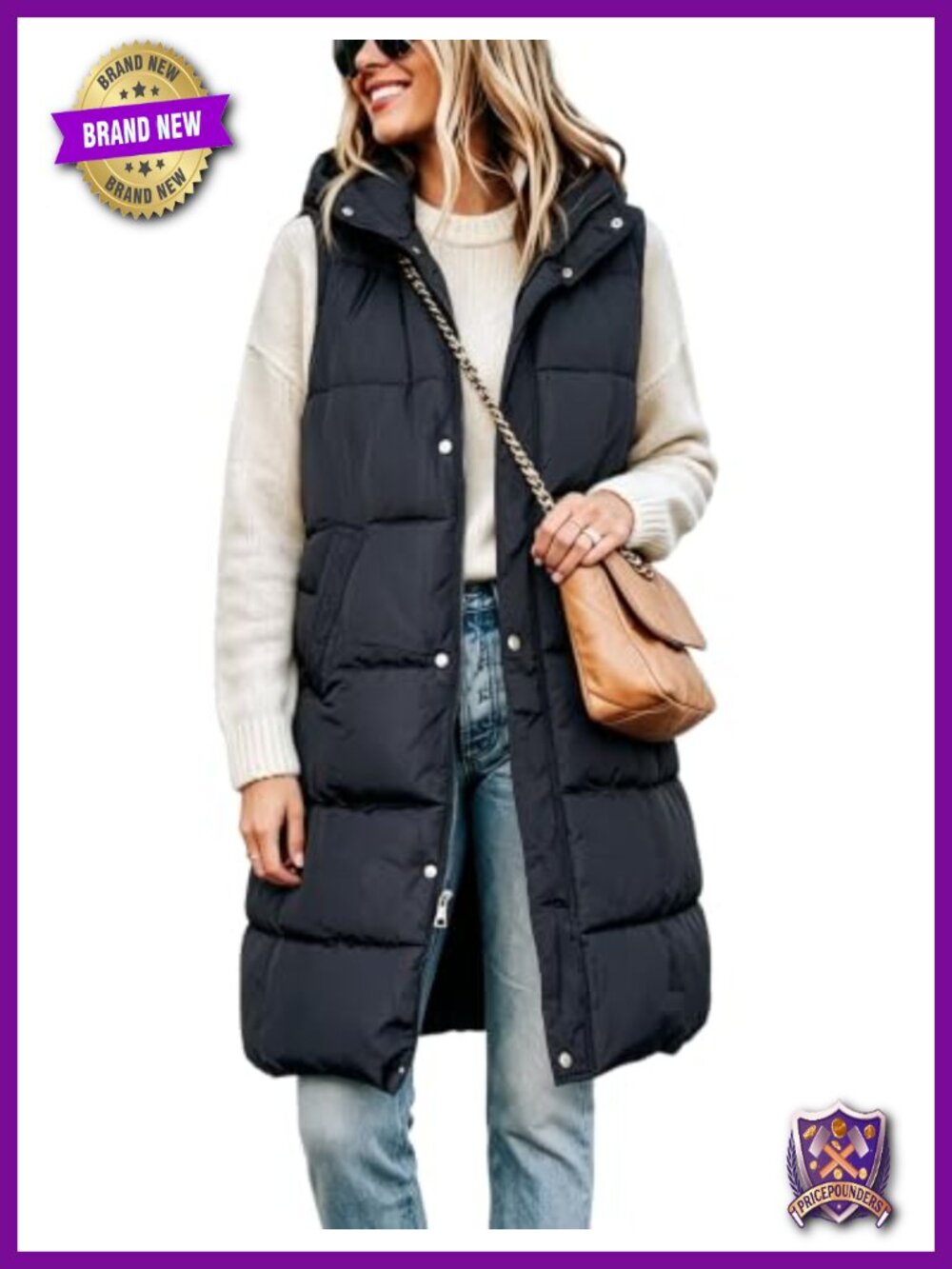 Long Puffer Vest Women Removable Hood Outwear